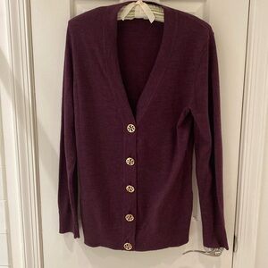 Tory Burch Simone Button-Front 100% Merino Wool Cardigan in Deep Purple